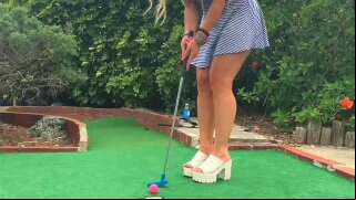 Public Exposed Hot blonde playing PUTT PUTT
